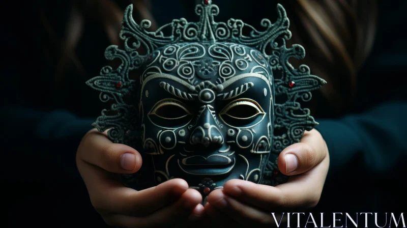 Intricate Black Mask Held by Person | Dark Background AI Image