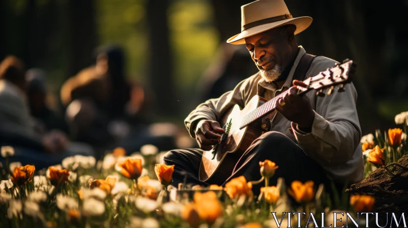 Man Playing Guitar Amidst Tulips in a Field AI Image