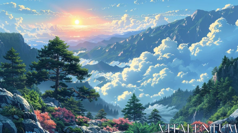 AI ART Mountain Landscape with Lush Greenery and Bright Sunlight