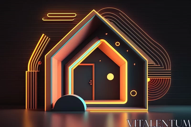 Neon Geometric House on Black Background | Abstract 3D Illustration AI Image