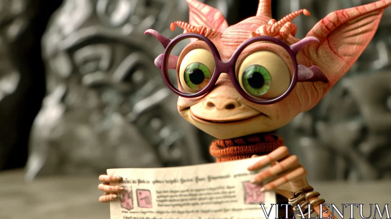 AI ART Pink Alien Character 3D Rendering with Newspaper