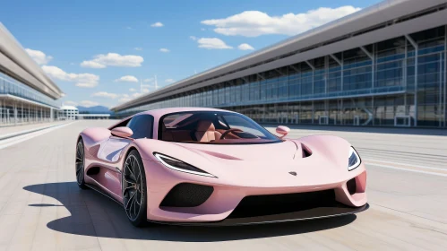 Pink Sports Car on Runway with Mountain Backdrop