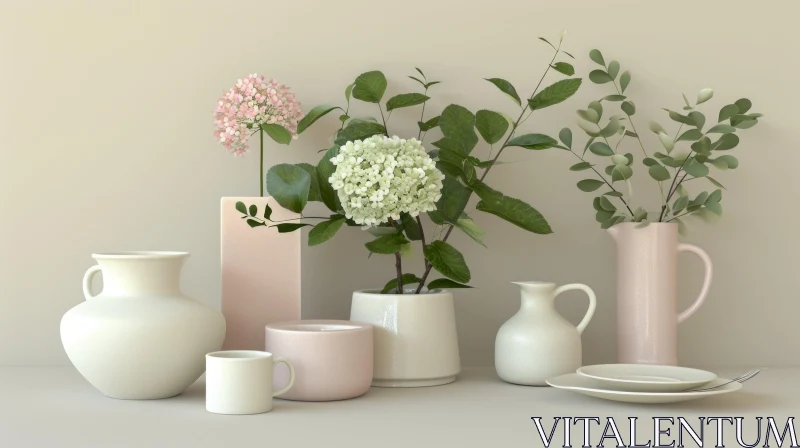 Serene Still Life: Ceramic Vases and Flower Arrangement AI Image