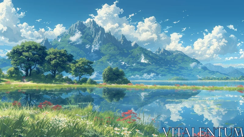 Tranquil Nature Landscape with Lake, Mountains, and Trees AI Image