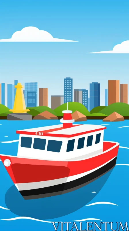 Urban Cityscape with Docked Boat and Skyline AI Image