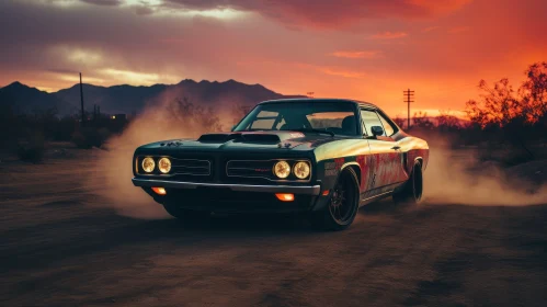 Vintage Muscle Car Driving at Sunset on Desert Road