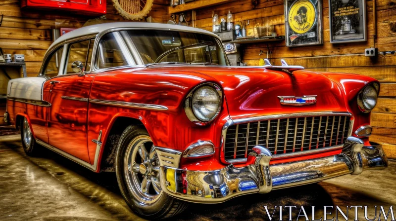 AI ART Vintage Red and White Chevrolet Bel Air Car in Rustic Garage