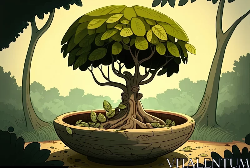 Whimsical Bonsai Tree Illustration in a Forest | Intricate Still Life Art AI Image