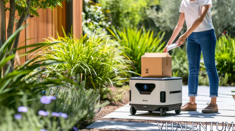 White Delivery Robot Handing Package to Woman in Front of House AI Image