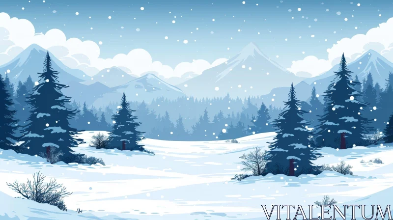 AI ART Winter Forest Landscape with Mountains and Snow