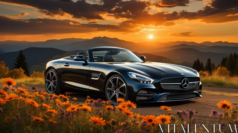 Black Mercedes-Benz AMG GT S Roadster in Mountain Sunset Scene AI Image