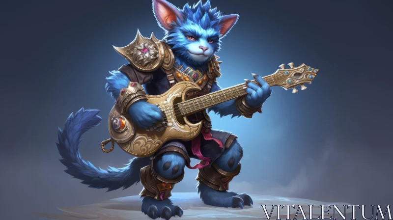 AI ART Blue Cat Playing Electric Guitar - Digital Painting