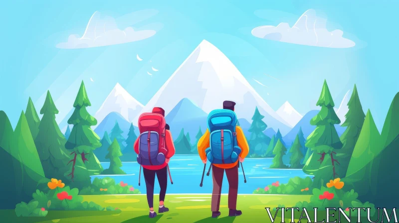 Cartoon Landscape with Two People and Mountain Range AI Image