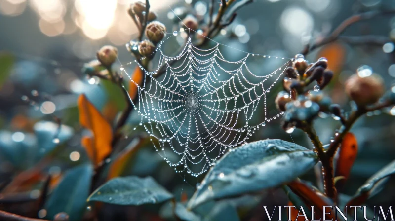 Close-up of Spider Web Covered in Morning Dew | Symmetrical and Delicate AI Image