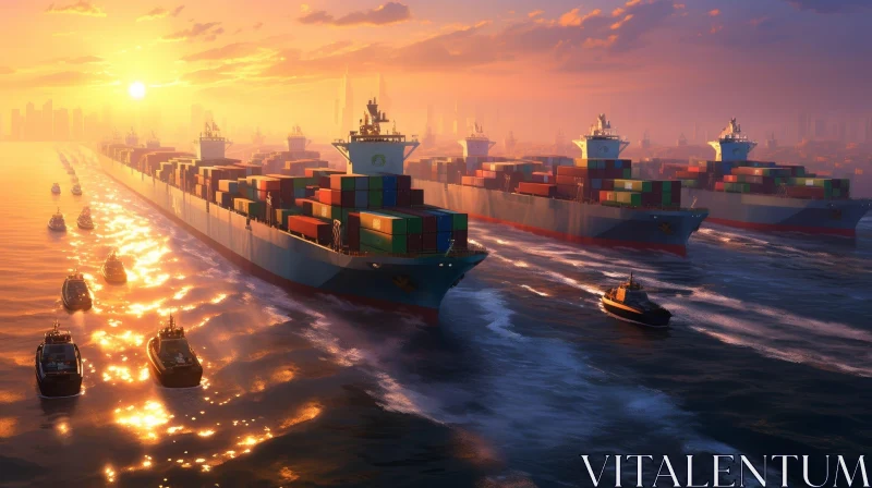 AI ART Container Ships at Sea During Stunning Sunset