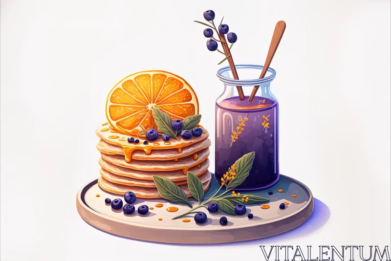 Detailed Botanical Illustration of Pancakes with Blueberry Juice AI Image