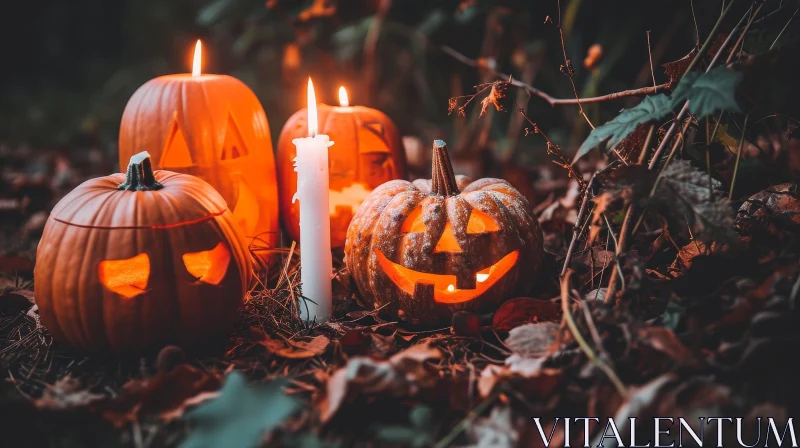 Enigmatic Pumpkin and Candle Scene in Forest AI Image