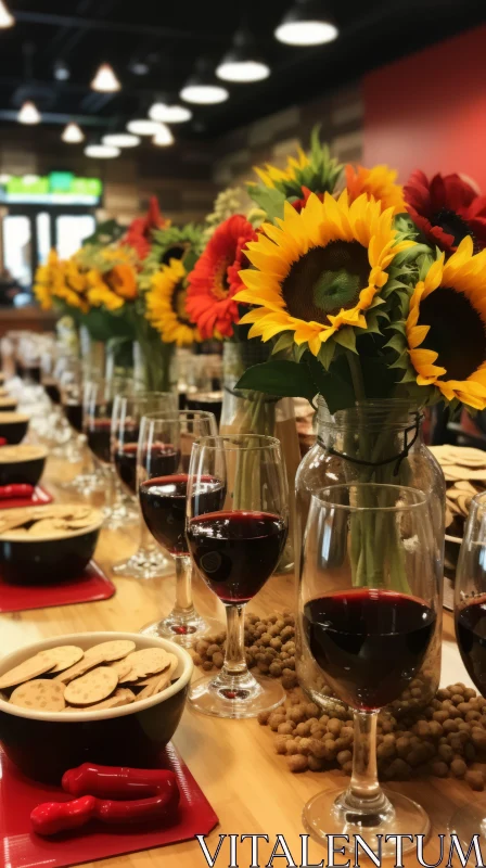 Extravagant Table Setting with Sunflowers and Red Wine AI Image