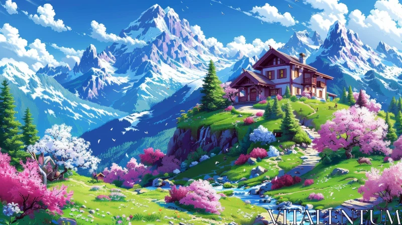 Mountain Valley Landscape with Serene House and Nature AI Image