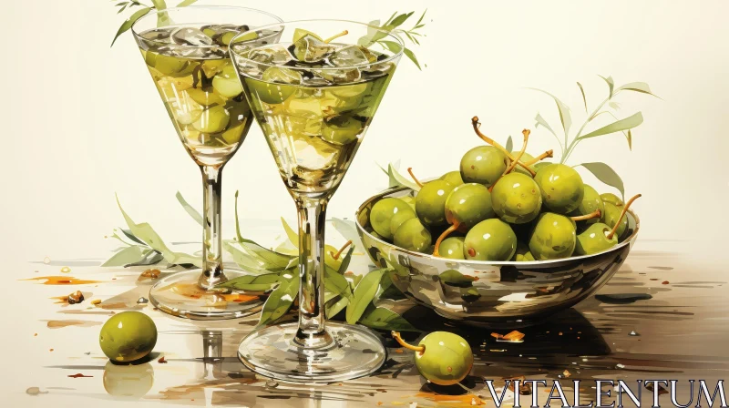 AI ART Soothing Still Life with Martini Glasses and Green Olives
