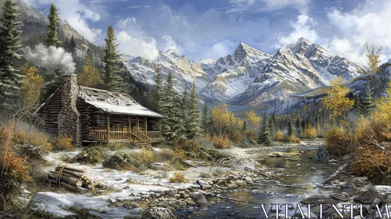 AI ART Tranquil Mountain Cabin Landscape Painting