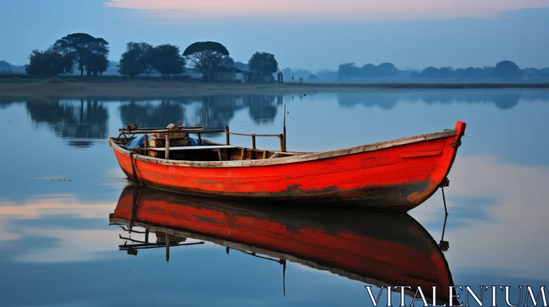 AI ART Tranquil Red Boat on Calm Lake