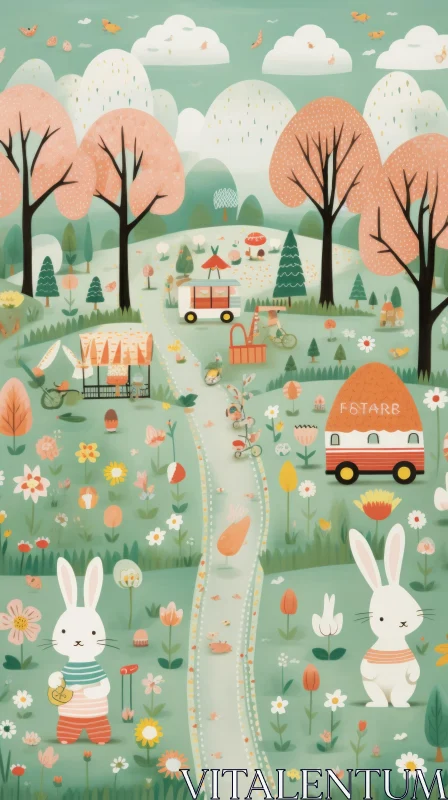 Whimsical Bunny Illustration with Cars in Luminist Style AI Image