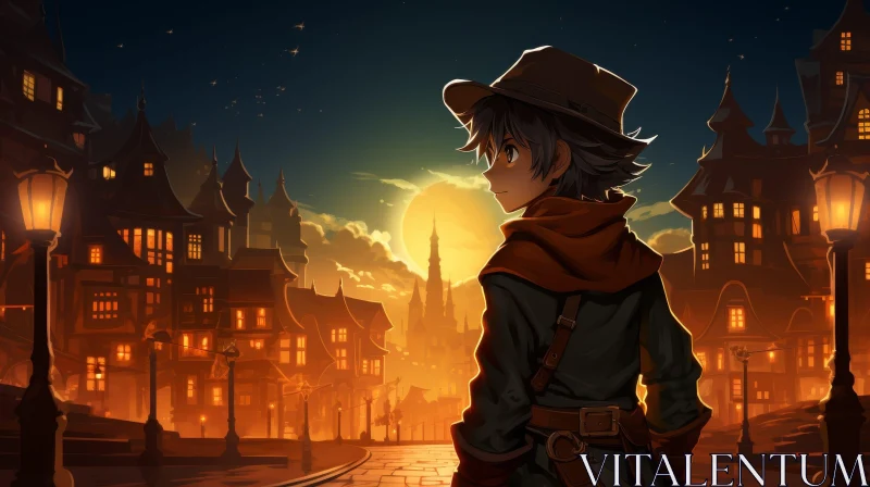 Anime-style Illustration of Young Boy in European Town AI Image