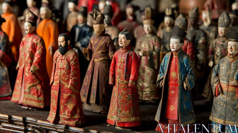 Antique Chinese Wooden Figurines on Shelf | Intricate Traditional Clothing AI Image