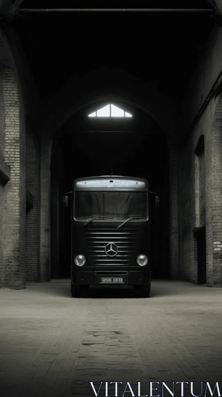 Black Mercedes Benz Truck in Old Warehouse - Minimalistic Sophistication AI Image