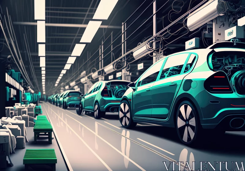 Car Assembly Line Art: Hyper-Detailed Rendering with Electric Color Schemes AI Image