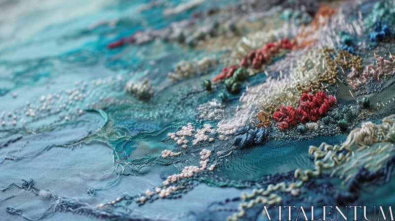 Close-Up of Blue and Green Embroidered Textile | Intricate Coral Reef Pattern AI Image