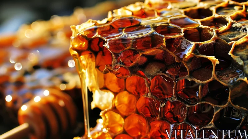Close-Up Photograph of a Golden Brown Honeycomb with Dripping Honey AI Image