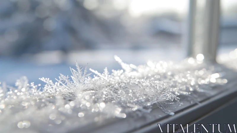 Close-up View of Frost and Snow on Window Sill AI Image