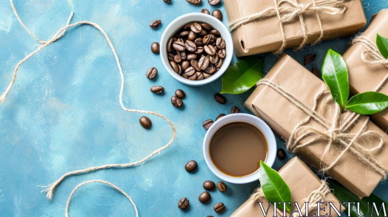 Coffee and Gifts Still Life on Blue Background AI Image