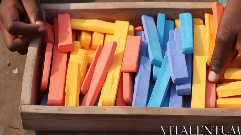 Colorful Chalk Pieces in Wooden Box - Artistic Still Life AI Image