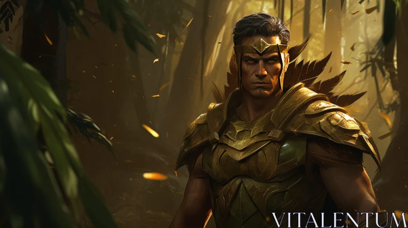 AI ART Golden Warrior in Forest Digital Painting