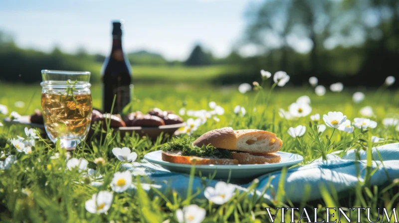 Idyllic Picnic Scene in Meadow with Wine and Bread AI Image