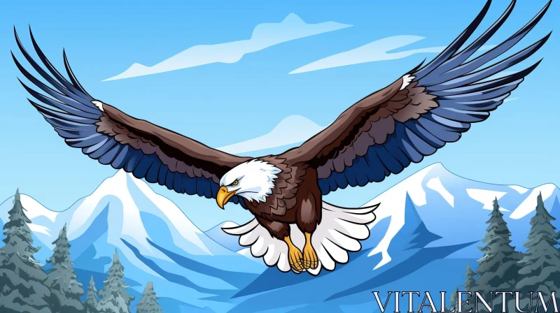 Majestic Bald Eagle Soaring in Sky with Mountain Background AI Image