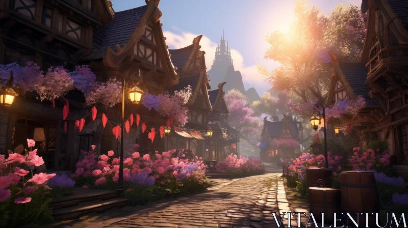 Medieval Town with Flowers in Mori Kei Style - Unreal Engine 5 Artwork AI Image