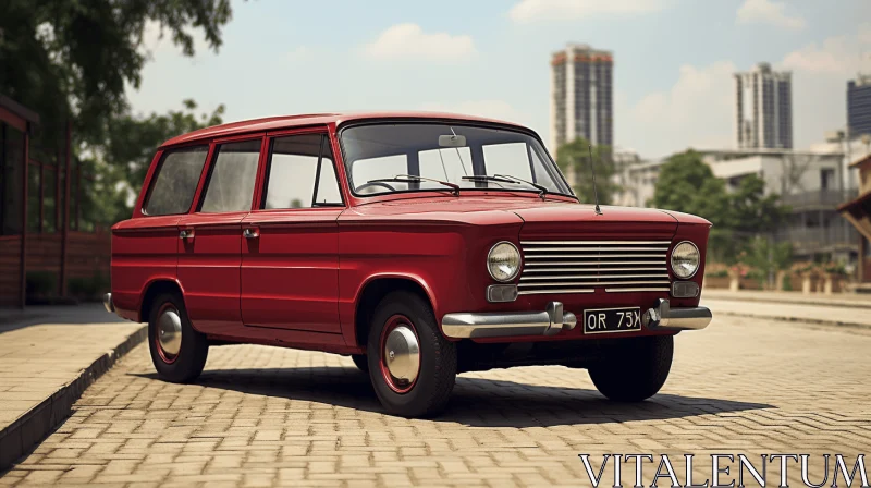 Red Old Van in City: Classic Elegance and Bold Structural Designs AI Image