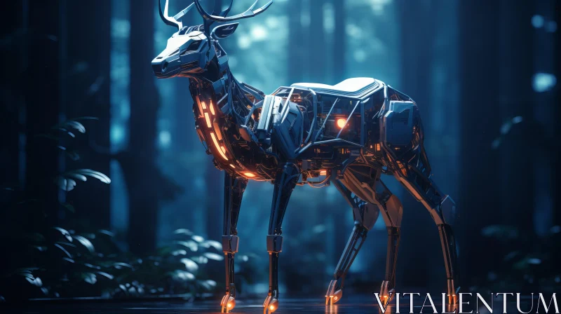 Robotic Deer in Forest Night Scene - Intersection of Nature and Tech AI Image