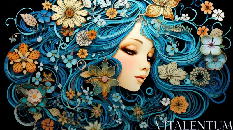 Serene Woman with Blue Hair and Floral Adornments AI Image