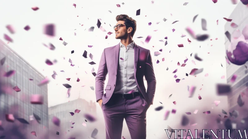 Smiling Man in Purple Suit with Cityscape Background AI Image
