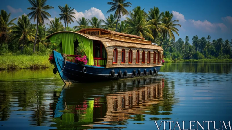 Traditional Indian Houseboat Sailing in Kerala Backwaters AI Image