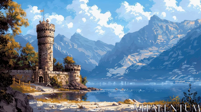 Tranquil Castle Landscape on Lake with Snow-Capped Mountains AI Image
