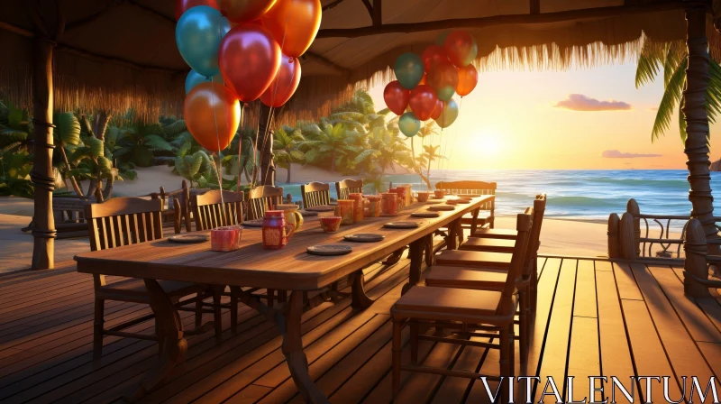 Tranquil Sunset Over Ocean with Party Setup AI Image