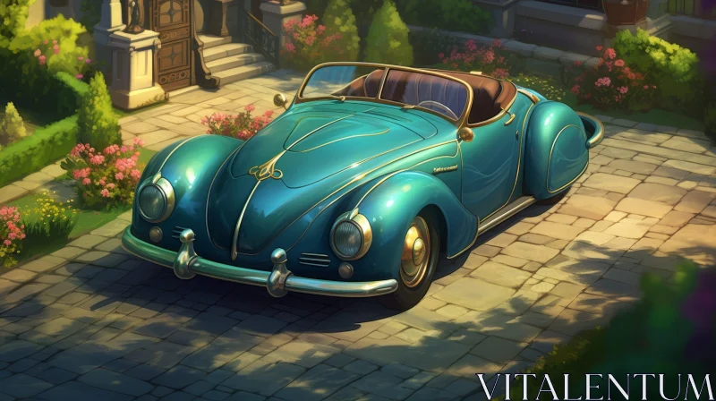 AI ART Vintage Teal Convertible in Front of Stone House