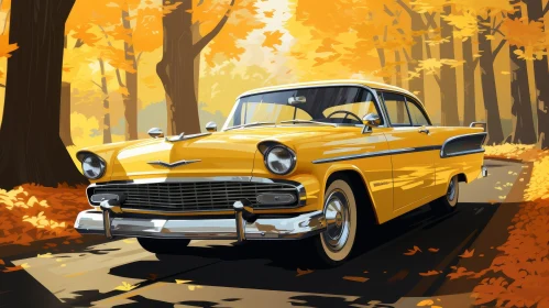 Vintage Yellow Chevrolet Bel Air Car Painting in Autumn