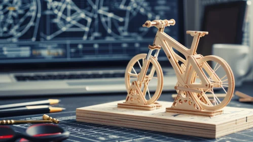 Wooden Model Bicycle on Stand with Computer Monitor Blueprint